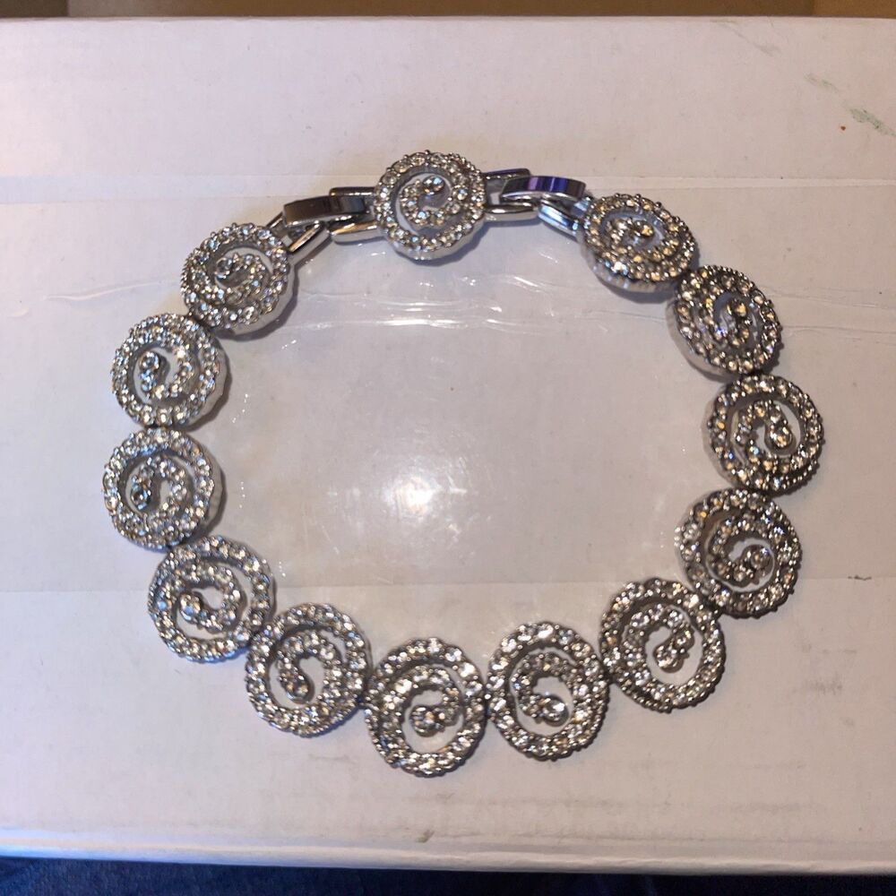 Vintage Camrose Kross JBK Silver Tone Swirl Rhinestone Bracelet Adjustable